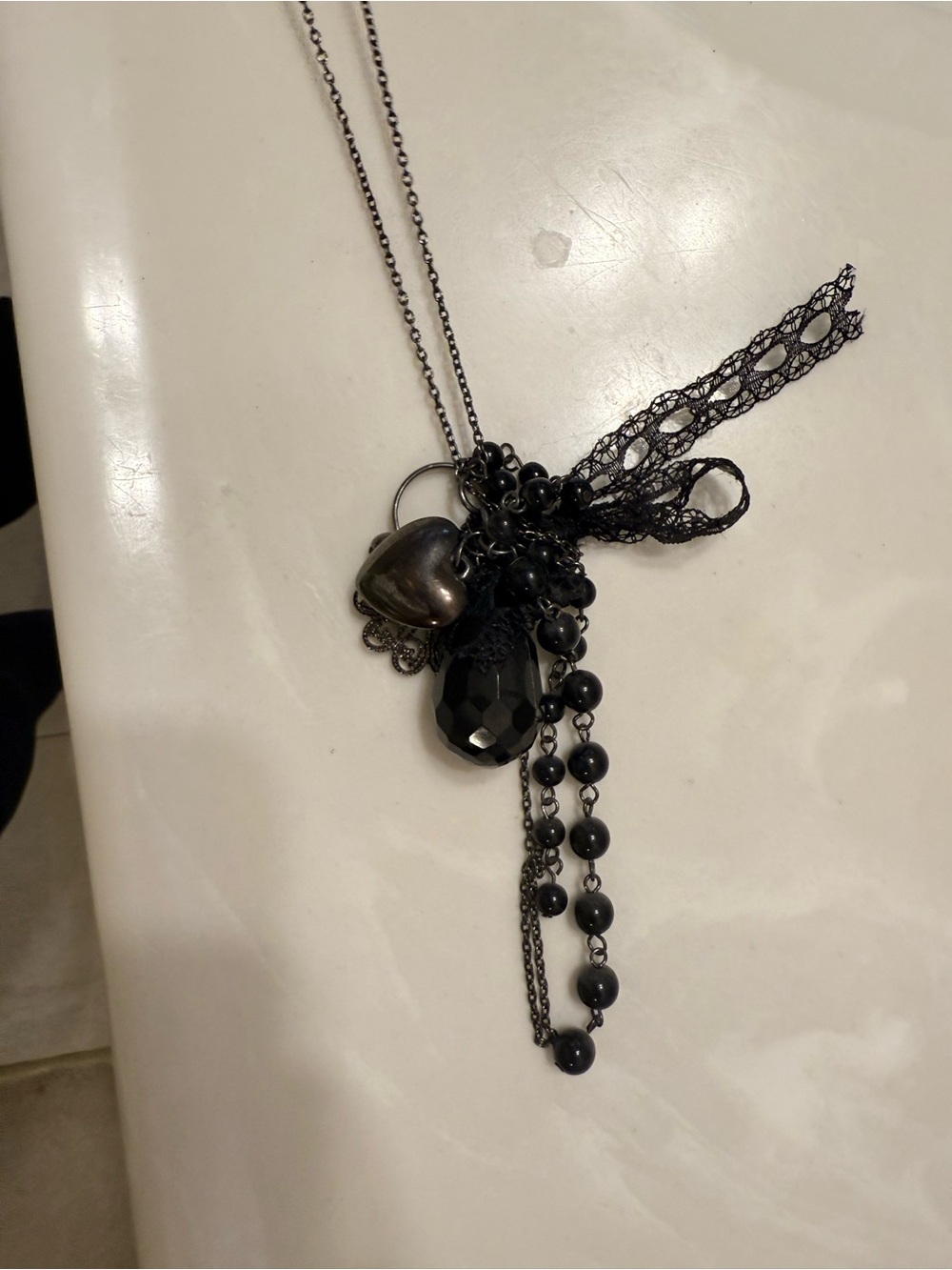 Black Heart Pendant Necklace with Lace & Bead Accents